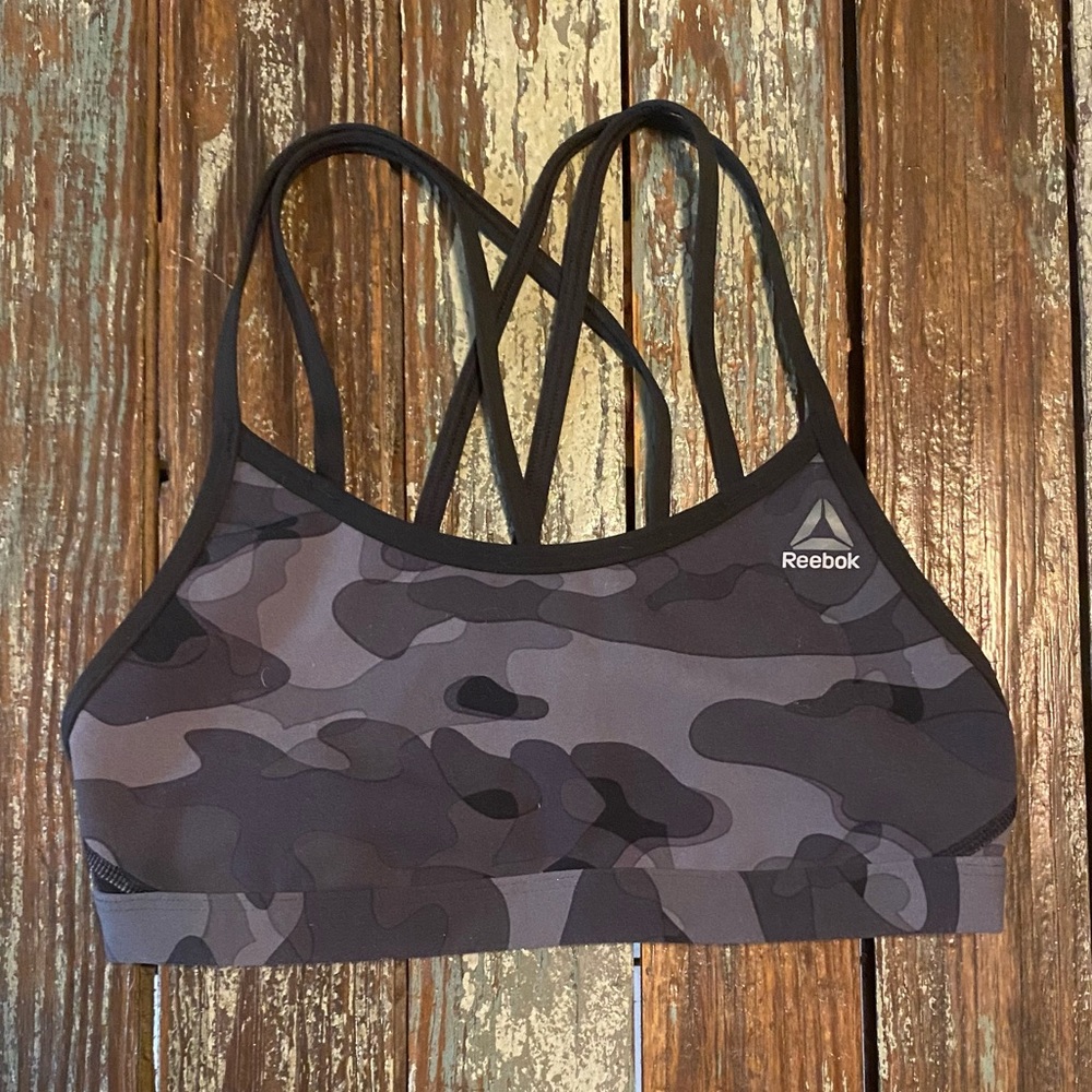 Reebok black and gray camo sports bra crisscross back